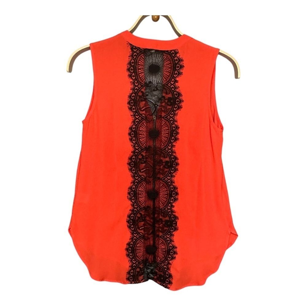 Pleione Deep Orange Sheer Sleeveless Lace Back Top. Sz: Small